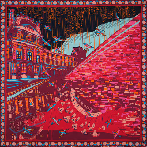 SILK SCARF 105 - LOUVRE SUR LE NIL RED